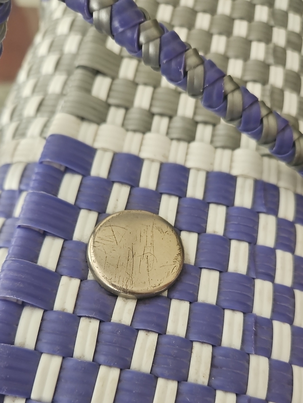 Woven Checker Tote Bag in Blue, Gray & Black - Picture 15 of 16
